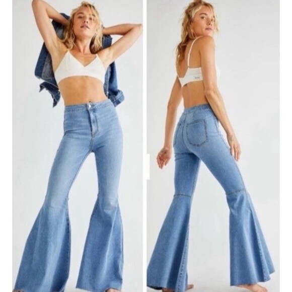 Free People Just Float On Womens 29R Blue Flare Bell Bottom Jeans Raw Hem Boho - Picture 1 of 10